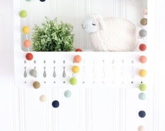 Farm To Table-Pom Pom Garland- Felt Ball Garland- Gender Neutral Decor- Coral Yellow Navy Gray Cream- Farm House Decor- Rustic Rainbow