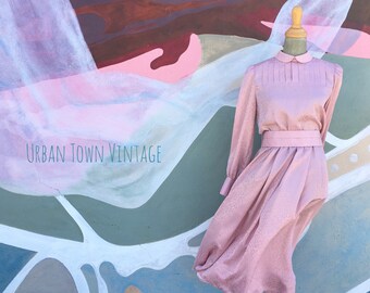 Vintage Rose Pink Peter Pan Collared Tone On Tone Dress (Size Medium)