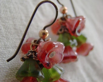 Cranberry Red and Olive flower bead Earrings, niobium hypo-allergenic, copper