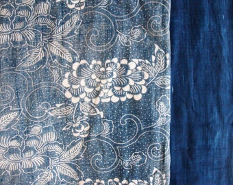 Large Boro Antique Indigo Fabric - Kiku and peonies, Japanese folk art, Kid's futon cover, Katazome, stencil dyed, No waste, 100/170cm
