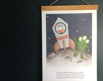 Storybook Scene: Visit to space illustration ideal for gift or childrrns bedroom decor