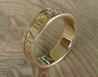 Bande de personnalisé à chiffres romains en or 14 carats, jaune ou blanc or, 6 mm de large