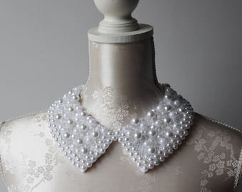 Beaded collar necklace with white pearls clear beads pointed shape detachable removeable accessories for women peter pan collar elegant