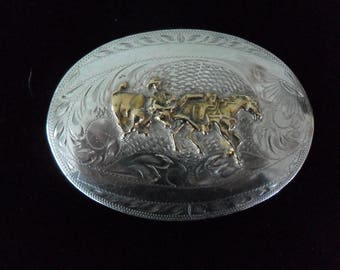 Western Belt Buckle Hand Engraved Vintage Sterling over Nickle Silver
