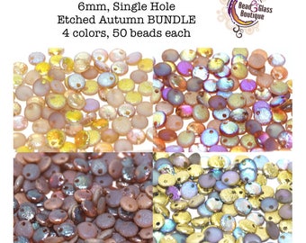 Czech Glass Lentil Etched Bead BUNDLE, Single Hole, 6mm, 4 colors, approx 50 beads each, Etched Autumn Bundle