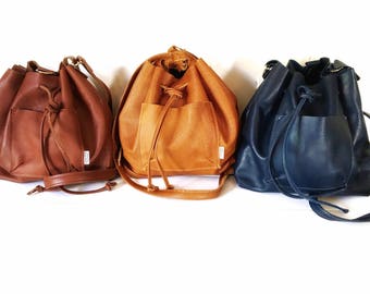 Leather Bucket Purse Convertible Backpack