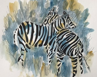Original pen and ink drawing with watercolor wash "Stripes on Stripes"