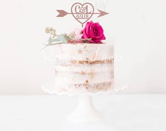 Wedding Cake Topper | Initials & Date | Heart Arrow | Metallic | Glitter | Gold | Wood | Rose Gold | Custom