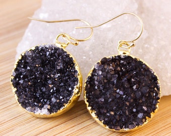 50% OFF SALE - Gold Black Druzy Quartz Earrings - Medium Size - Dangle Earrings