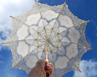 Lace parasol, lace umbrella, 30", Victorian parasol, Communion umbrella, White Lace Parasol, Battenburg, Bridal Umbrella, Vintage Parasol,