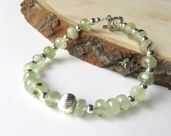 Green Prehnite Bracelet, Silver Gemstone Bracelet, Sterling Silver Toggle Clasp, Special Occasion Gift for Woman, Dainty Stone Jewelry