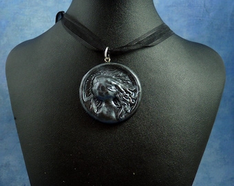Antique Silver Cthulhu Cameo Necklace, Polymer Clay Jewelry