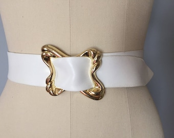 white leather belt | 1980s soft leather cinch belt | golden assimetrical buckle belt