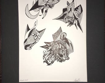 Animalia Inked 9" x 12" One of the kind. Ink on paper contemporary art forms