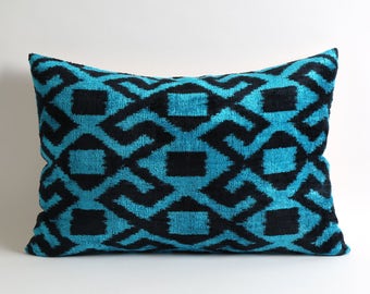 velvet pillow, ikat pillow, ikat pillows, blue black pillow, decorative pillows, ikat pillow cover, velvet ikat pillow, blue ikat pillow