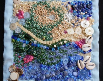 Blue Wave Beaded Art Quilt