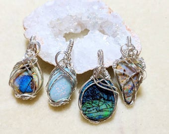 Opal Sterling Wire Wrapped Pendants/Monarch Opal Jewelry/unique bohemian accessories/16" sterling silver box chain