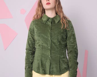 velvet velour shirt size L, 70s women's top, green oxford minimal shirt, button up vintage blouse