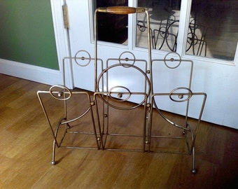Art Deco Magazine Rack, Metal, Gold tone, metal handle, Mid Century Modern, Atomic