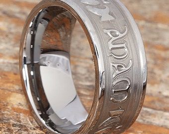 Carved Tungsten Claddagh Ring - Mo Anam Cara Carved Engraving, Wedding Band, Tungsten Rings, Celtic Rings, Claddagh Rings for Men and Women