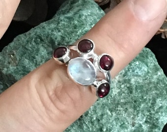 SALE!! Beautiful, genuine garnet and rainbow moonstone, 925 sterling silver ring