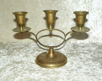 Solid Brass 3 Candle Holder with Red Inlay Engraving Oval Center Pedestal Base