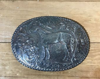 Etched Silver Metal Horse and Floral Belt Buckle