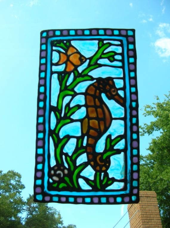 stained glass nautical seahorse fish window windows cling zoom stain something request order