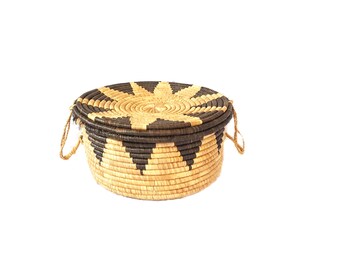 Huge 20" Geometric Coiled Basket With Lid ~ Vintage Native American Lidded Basket ~ Boho Basket / Tribal Decor / Hopi Coiled Basket