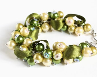 Olive Green and Yellow Cluster Bracelet and Earrings Set