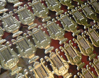Gold Dresden Lyres (114 lyres) German Embossed Foil, Vintage Style, Scrapbooking, Paper Arts, Handmade Cards. Collage, Diecuts