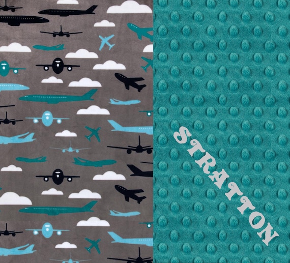 Personalized Baby Blanket / Minky Baby Blanket Boy, Teal Gray Airplane Baby Blanket / Plane Baby Blanket / Monogrammed Blanket / Baby Gift
