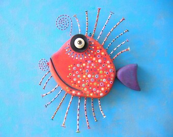Orange Sunfish, MADE to ORDER, Original Found Object Wall Sculpture, Wood Carving, Wall Decor, Fish Sculpture, by Fig Jam Studio
