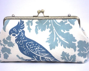 Blue Parrot Clutch Purse, Prom Evening Bag, Wedding Clutch, Ivory and Blues Clutch by WhiteCross Designs, Ready to Ship from USA