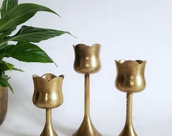 20% OFF SALE brass metal candle holders set of 3 | vintage mid century solid brass tulip candlestick holders | table centerpiece mcm