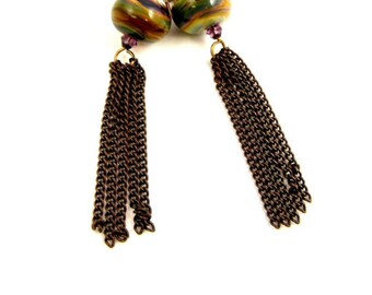 Handmade Long Fringe Bohemian Earrings, Colorful Lampwork Festival Jewelry