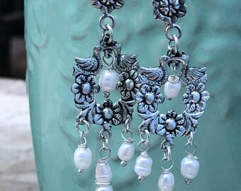 Sterling and fresh water pearl Frida Kahlo inspired earrings