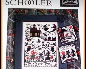 Prairie Schooler TRICK or TREAT HALLOWEEN Sampler # 188 Cross Stitch Pattern - Ghosts Goblins Witches Pumpkin Jack-O-Lanterns Haunted House