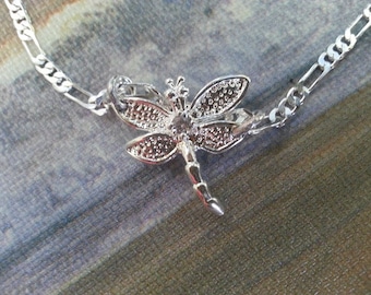 Silver Dragonfly with a cubic zirconia diamond necklace on a Figaro chain ! And earrings