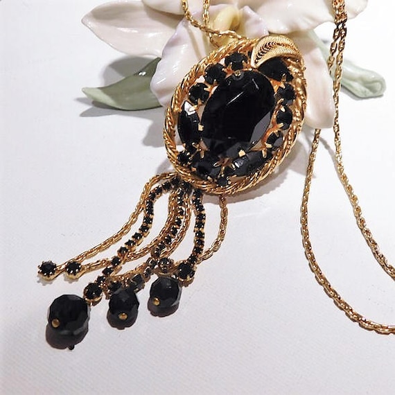 Rhinestone Tassel Necklace / Mid Century Jewelry