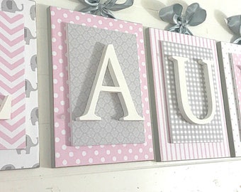 Pink and Gray Elephant, Girls Elephant Decor, Name sign for girls nursery, Elephant themed nursery, Elephant Nursery Letters, Girl name sign