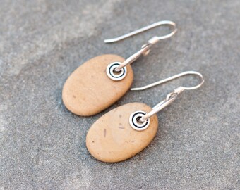 Tumbled Beach Pebble Earrings, Beach Stone Earrings, Sterling Silver, Rustic Natural Stone Earrings, Earthy Earrings, Organic Stone Earrings