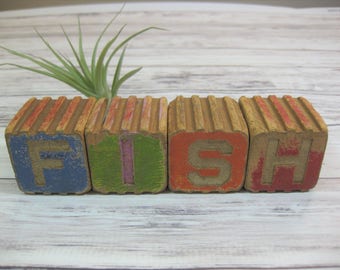 Vintage Wooden Blocks, Alphabet Blocks, Children's Blocks, Nursery Decor, FISH