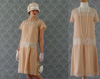Dark beige high tea flapper dress with flutter sleeves, Downton Abbey dress, 1920s flapper dress, Great Gatsby dress, robe Charleston