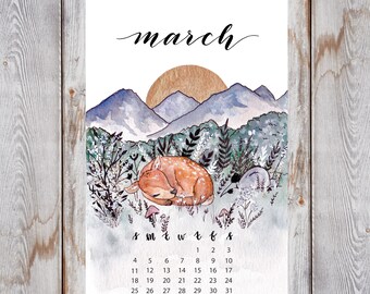 Spring Meadow Watercolor Calendar Print Deer and Mountain Painting