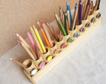 Montessori wood pencil holder, color sorting, practical life, toddler gift, adult coloring pencil holder, wood desc organizer