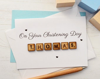Personalised Christening Wooden Tiles Card - Christening Card - Baby Boy - Baby Girl