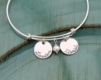 Sterling Silver Bangle • Personalized Mom Bangle Custom Bangle Bracelet • Mommy Gift Mom Bracelet Adjustable Bracelet Expandable