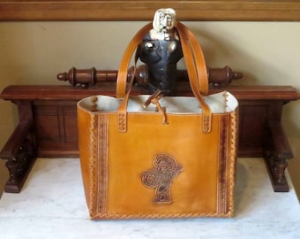 Dads Grads Sale Tooled Leather Market Bag With Aztec Gods - Made In Mexico- EUC