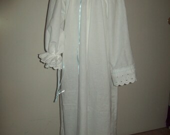 Adjustable neckline 100% cotton white muslin chemise with eyelet cuffs girl's you choose size made to order